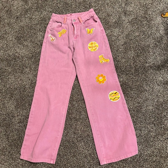 Hand Crafted Denim - Redhawk Designs Hand Crafted Pink High Rise Jeans w/Fun Patches & Deerskin sz 26